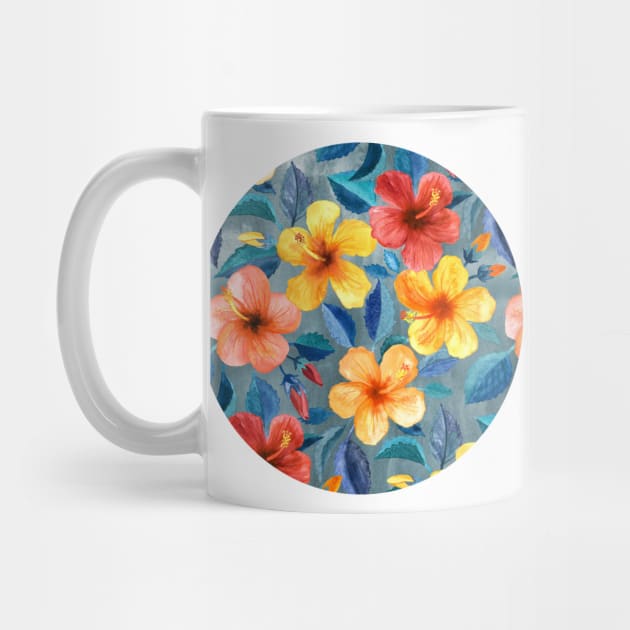 Colorful Watercolor Hibiscus on Grey Blue by micklyn